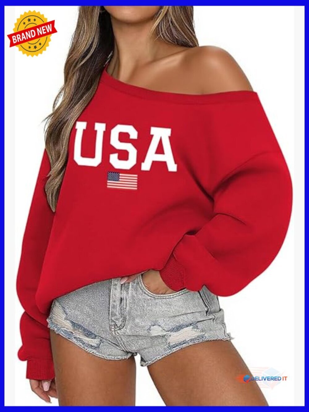 Oversized Fleece Off the Shoulder Sweatshirt Hoodie USA Graphic